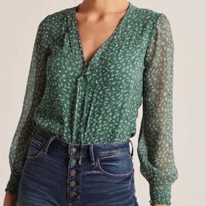 Abercrombie & Fitch Green Floral Sheer V-Neck Body Suit